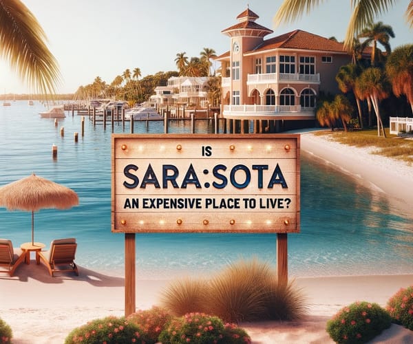 A sign with text 'Is Sarasota an Expensive Place to Live?'